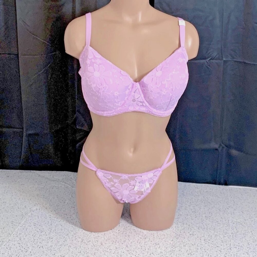 Victoria's Secret PINK Wink Lace Lightly Lined Balconette Bra V-String Panty Set